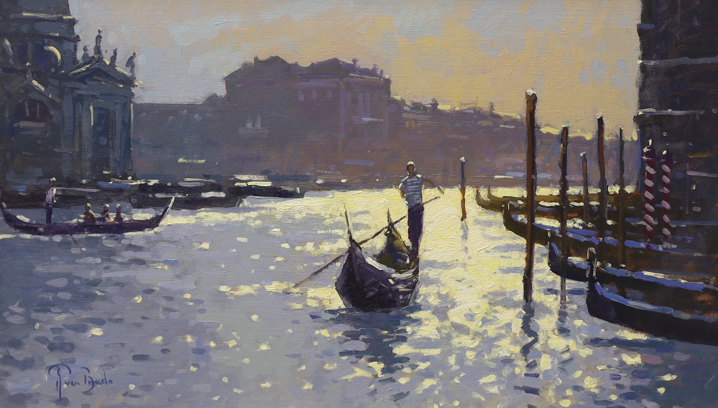 Peter Van Breda (b. 1957), impressionist oil on canvas, Gondolas, Evening Light, Venice, signed, inscribed verso, 32 x 54cm